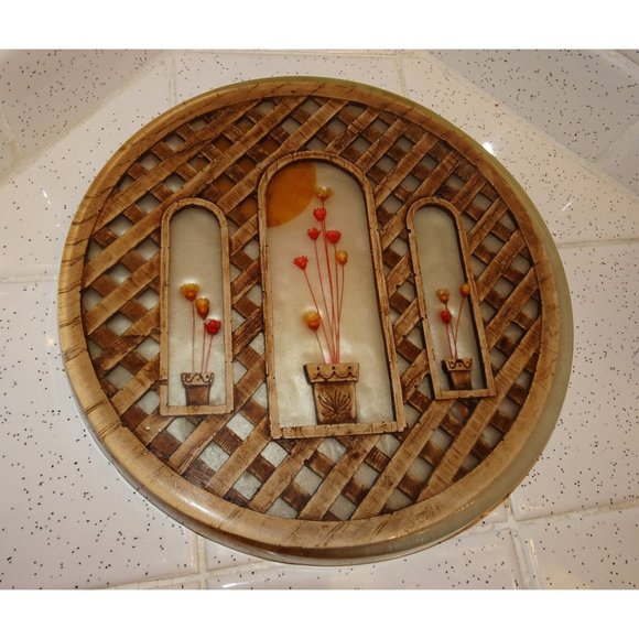 Vintage Sun Window dried flowers lattice Resin Trivet boho hot pad lucite retro - Picture 1 of 10